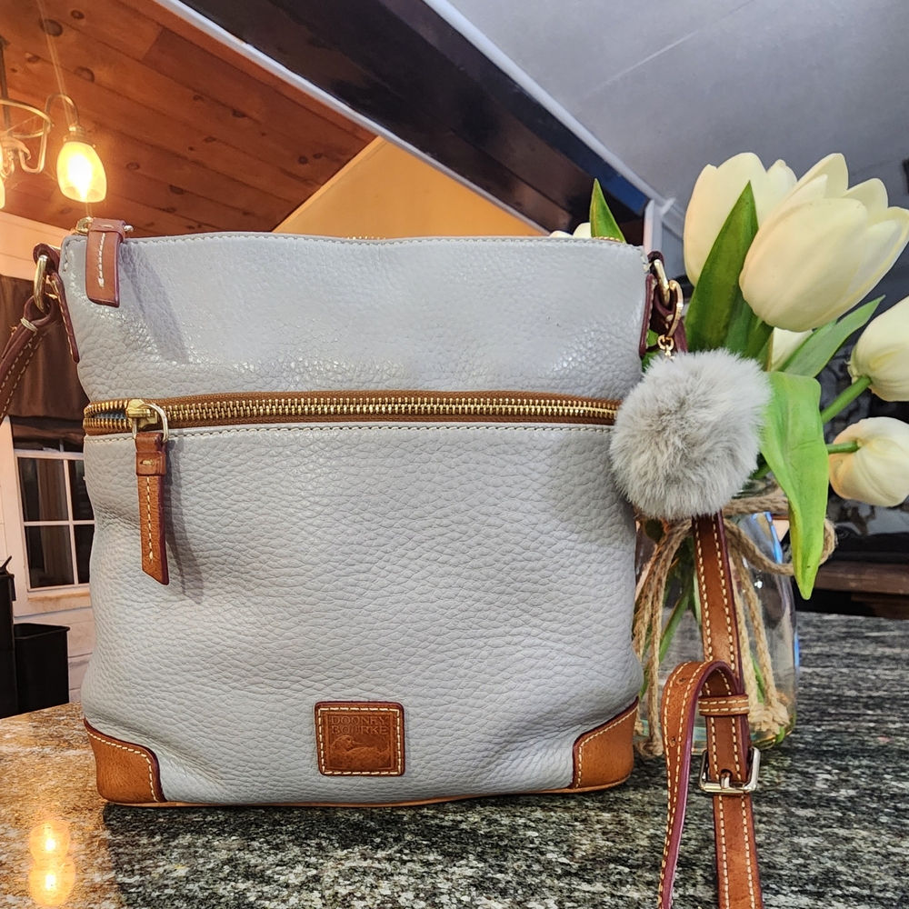 Dooney & Bourke Sky Blue Pebbled Crossbody with Tan Trim-10.5×10×4